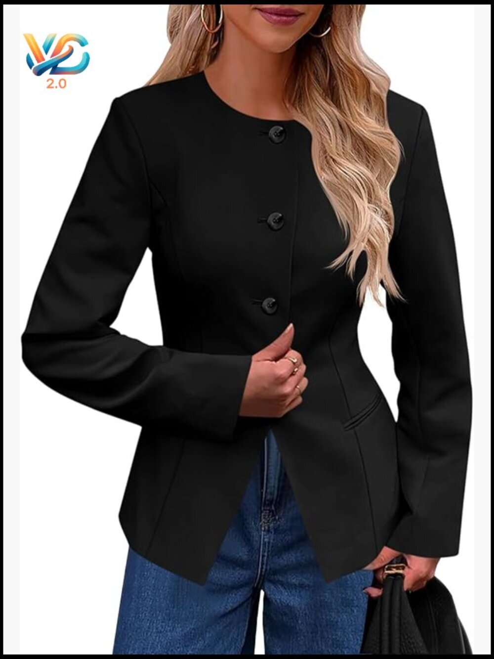 Women's Business Casual Blazer Collarless Split Hem Button Down Jacket